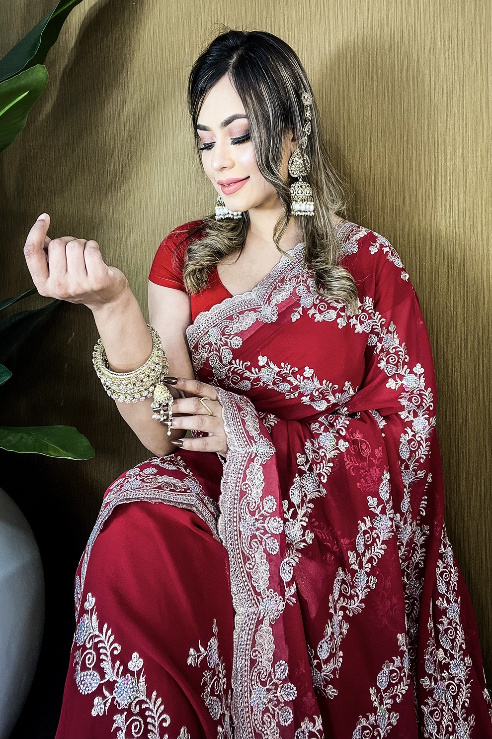 Red -Maroon High quality Siroski Glass Stone Silk Blend Mixed Chiffon Georgette Saree